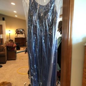 Formal full length sheer midnight blue jeweled